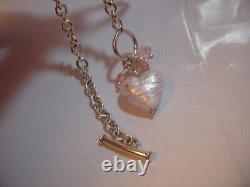 Superb Solid Silver 16 Ovals Necklace-Pink Shimmery Glass Heart & Roses-quality