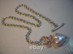 Superb Solid Silver 16 Ovals Necklace-Pink Shimmery Glass Heart & Roses-quality