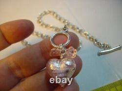 Superb Solid Silver 16 Ovals Necklace-Pink Shimmery Glass Heart & Roses-quality