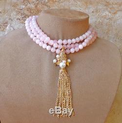 Tassel Pendant Genuine Rose Quartz Pink Love Necklace Faux Pearl Lg Jewelry Gift
