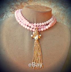 Tassel Pendant Genuine Rose Quartz Pink Love Necklace Faux Pearl Lg Jewelry Gift