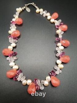 Teardrop Strawberry Quartz Pink Freshwater Pearl Collar Necklace 16