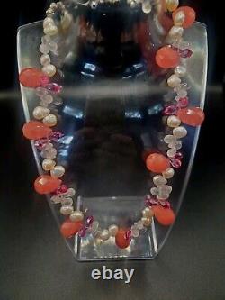 Teardrop Strawberry Quartz Pink Freshwater Pearl Collar Necklace 16