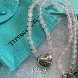 Tiffany & Co. Rose Quartz Silver Heart Chain Pendant Necklace m90035081907 withBox