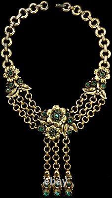 Trifari Philippe Regence Gold Chains Emerald Roses Flowers 3x Pendant Necklace