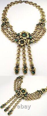 Trifari Philippe Regence Gold Chains Emerald Roses Flowers 3x Pendant Necklace