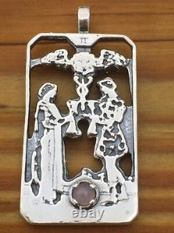 Two of Cups Tarot Card Pendant. 925 Sterling Silver with Genuine Rose Quartz USA