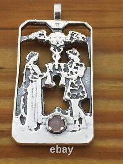 Two of Cups Tarot Card Pendant. 925 Sterling Silver with Genuine Rose Quartz USA