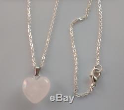 UK Rose Quartz Crystal Gemstone Love Heart Pendant+Silver Plated Necklace Chain