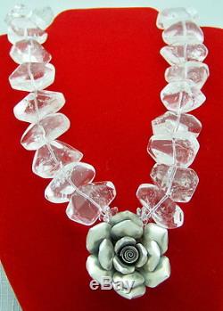 VERY HEAVY ROSE PENDANT & CHUNKY QUARTZ 17 NECKLACE with STERLING SILVER CLASP