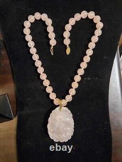 VINT MINT 22 inch carved Rose quartz 14k yellow gold pendant necklace