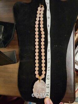 VINT MINT 22 inch carved Rose quartz 14k yellow gold pendant necklace