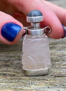 VINTAGE SILVER & CARVED CRYSTAL SCENT BOTTLE PENDANT 4.1 CM LONG BOTTOM 1.8x2cm