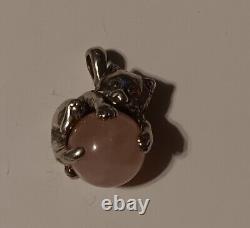Vintage 1 Sterling Silver Cat Wrapped Around Pink Rose Quartz Ball Pendant 925