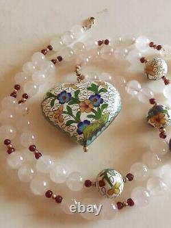 Vintage 10k Gold Cloisonne Rose Quartz Garnet Large Heart Pendant 28 Long 122gr