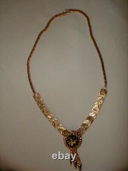 Vintage 14 Kt Solid Yellow Rose Gold Smokey Quartz Tassle Pendant Necklace 17 L
