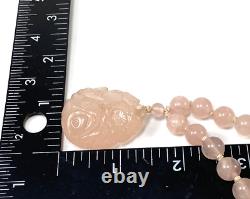 Vintage 14K Rose Quartz Silk Tied Beaded Necklace Carved Pendant 85 Grams 30