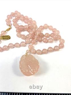 Vintage 14K Rose Quartz Silk Tied Beaded Necklace Carved Pendant 85 Grams 30