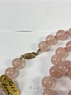 Vintage 14K Rose Quartz Silk Tied Beaded Necklace Carved Pendant 85 Grams 30