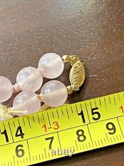 Vintage 14K Rose Quartz Silk Tied Beaded Necklace Carved Pendant 85 Grams 30