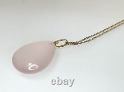 Vintage 14ct Gold Teardrop Rose Quartz Pendant 9ct Flat Curb Chain 16 Necklace