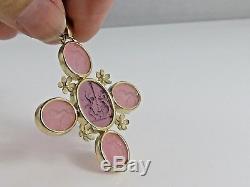 Vintage 14k Intaglio Necklace ROSE QUARTZ ANGELS LIONS Pendant Large Size