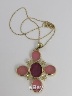 Vintage 14kt Yellow Gold Rose Quartz Angels Lions Intaglio Pendant Necklace