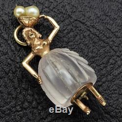 Vintage 18K Gold Rose Quartz & Sea Pearl Woman With Basket Charm Pendant 9.8G