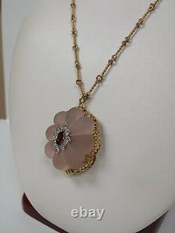 Vintage 18K Yellow Gold Rose Quartz with Diamond and Ruby Necklace Handmade