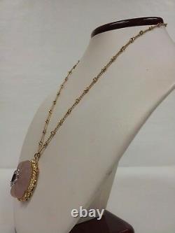 Vintage 18K Yellow Gold Rose Quartz with Diamond and Ruby Necklace Handmade