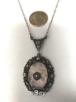Vintage 1920's Germany Rose Pink Quartz Marcasite Necklace Pendant Sterling