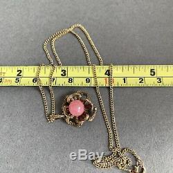 Vintage 8ct Gold 333 Curb Link 18 Chain Necklace Rose Quartz Pendant 6.85g