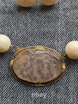 Vintage Angel Skin Coral Bead & Carved Rose Quartz Necklace & Earrings 14k Gold