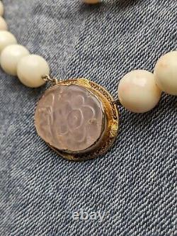 Vintage Angel Skin Coral Bead & Carved Rose Quartz Necklace & Earrings 14k Gold