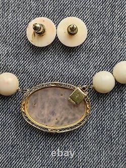 Vintage Angel Skin Coral Bead & Carved Rose Quartz Necklace & Earrings 14k Gold