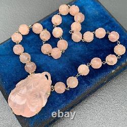 Vintage Art Deco Chinese 14kt gold, Carved Rose Quartz Pendant Beaded Necklace