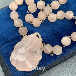 Vintage Art Deco Chinese 14kt gold, Carved Rose Quartz Pendant Beaded Necklace