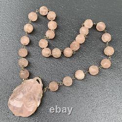 Vintage Art Deco Chinese 14kt gold, Carved Rose Quartz Pendant Beaded Necklace