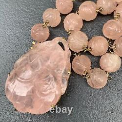 Vintage Art Deco Chinese 14kt gold, Carved Rose Quartz Pendant Beaded Necklace