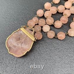 Vintage Art Deco Chinese 14kt gold, Carved Rose Quartz Pendant Beaded Necklace