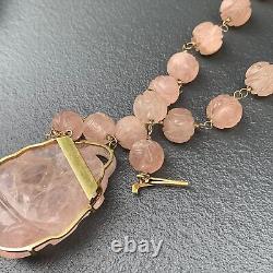 Vintage Art Deco Chinese 14kt gold, Carved Rose Quartz Pendant Beaded Necklace