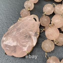 Vintage Art Deco Chinese 14kt gold, Carved Rose Quartz Pendant Beaded Necklace