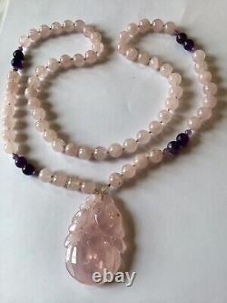 Vintage Art Deco Rose Quartz Pendant & Bead Necklace