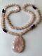 Vintage Art Deco Rose Quartz Pendant & Bead Necklace