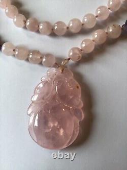 Vintage Art Deco Rose Quartz Pendant & Bead Necklace