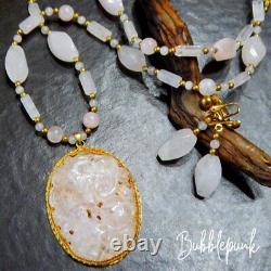 Vintage Asian Carved Rose Quartz Pendant Bead Necklace & Earrings Set Estate