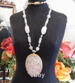 Vintage Asian Carved Rose Quartz Pendant Bead Necklace & Earrings Set Estate