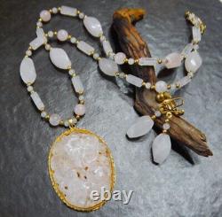 Vintage Asian Carved Rose Quartz Pendant Bead Necklace & Earrings Set Estate