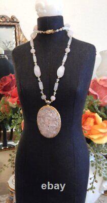 Vintage Asian Carved Rose Quartz Pendant Bead Necklace & Earrings Set Estate