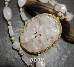 Vintage Asian Carved Rose Quartz Pendant Bead Necklace & Earrings Set Estate